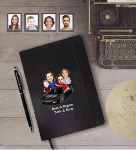 Kişiye Özel Aile Karikatürlü Siyah Defter Kalem Hediye Seti   Mod-8