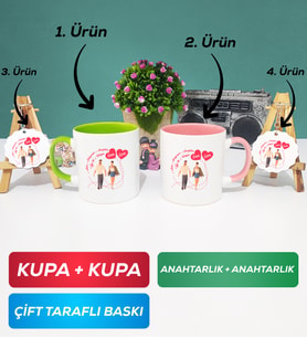 İkili Yeşil Pembe Sevgiliye Sevgililer Günü Hediyesi 4 Kupa Bardak Anahtarlık