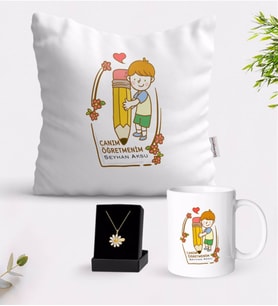 BK Gift Kişiye Özel Canım Öğretmenim Beyaz Kupa Yastık ve İsimli Papatya Kolye Hediye Seti-4 (Model 1)