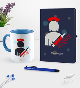 BK Gift Kişiye Özel Hemşire Temalı Lacivert Defter Kalem Kupa Seti - 3 (Model 1)