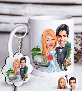 BK Gift Kişiye Özel Evleniyoruz Karikatürlü Beyaz Kupa ve Anahtarlık Hediye Seti-1 (Model 1)