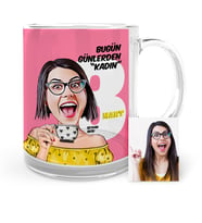 BK Gift Kişiye Özel Kadınlar Günü Temalı Karikatür Cam Kupa Bardak  3