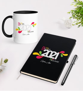 BK Gift Kişiye Özel 2024 Bu Yılda Hep Gülümse Temalı Siyah Defter Kalem Kupa Seti
