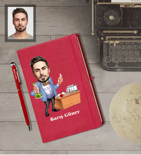 Kişiye Özel Öğretmen Karikatürlü  Kırmızı Defter Kalem Hediye Seti Bay-3
