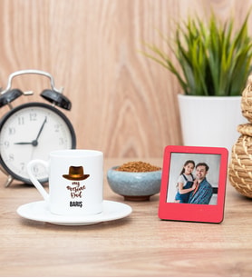 Awesome Dad Türk Kahvesi Fincanı ve Kırmızı Mini Fotoğraf Çerçevesi