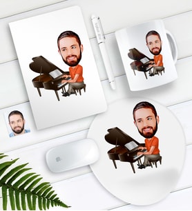BK Gift Kişiye Özel Bay Piyanist Karikatürlü Defter Kalem Kupa Mouse Pad Seti (Model 1)