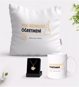 BK Gift Kişiye Özel Fen Bilimleri Öğretmeni Beyaz Kupa Yastık ve İsimli Papatya Kolye Hediye Seti-4 (Model 1)