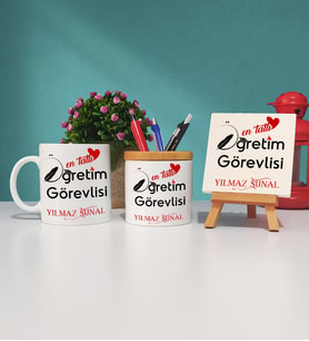 Mesajlı Öğretim Görevlisi Kupa Bardak Kalemlik ve Dekoratif Taş Baskı Hediye Seti