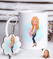 BK Gift Kişiye Özel Bayan Karikatürlü Beyaz Kupa ve Anahtarlık Hediye Seti-11 (Model 1)