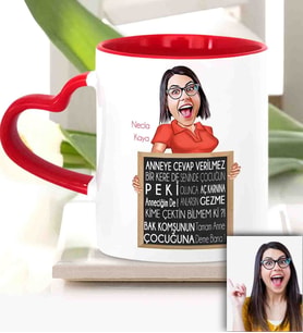 BK Gift Kişiye Özel Anneler Günü Temalı Kırmızı Kalpli Karikatürlü Kupa Bardak Kk6