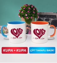 İkili Love Tasarımlı Sevgililer Günü Hediyesi Kupa Bardak Mavi Turuncu