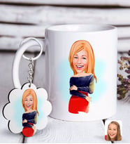 BK Gift Kişiye Özel Bayan Karikatürlü Beyaz Kupa ve Anahtarlık Hediye Seti-12 (Model 1)