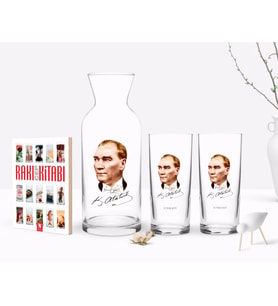 BK Gift Kişiye Özel Renkli Baskılı Atatürk Temalı İkili Rakı Bardağı Karaf ve Cep Kitabı Hediye Seti-15 (Model 1)
