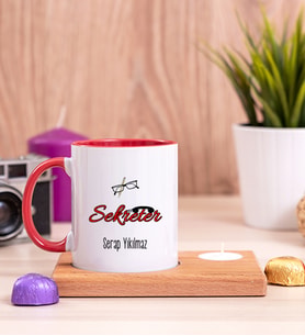 Sekreter Ahşap Altlıklı Mumlu Kırmızı Kupa Bardak