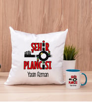 Şehir Plancısı Kare Yastık ve Mavi Kupa Bardak