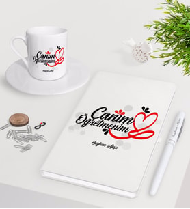 BK Gift Kişiye Özel Canım Öğretmenim Beyaz Defter Kalem Türk Kahvesi Fincanı Seti-1 (Model 1)