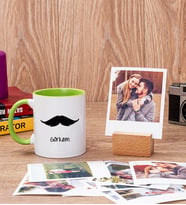 Bıyık Tasarım Yeşil Kupa Bardak ve Ahşap Standlı Polaroid Set