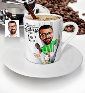 BK Gift Kişiye Özel Bay Futbolcu Yeşil Beyaz Karikatür Türk Kahvesi Fincanı  1