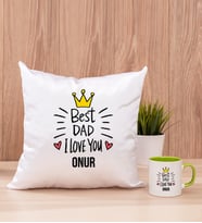 Best Dad Kare Yastık ve Yeşil Kupa Bardak