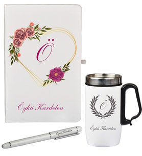 Aşk ve Çiçek Desenli Kişiye Özel Defter Kalem Ve Termos - Mug Seti
