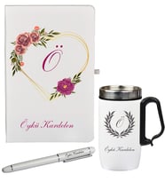 Aşk ve Çiçek Desenli Kişiye Özel Defter Kalem Ve Termos - Mug Seti