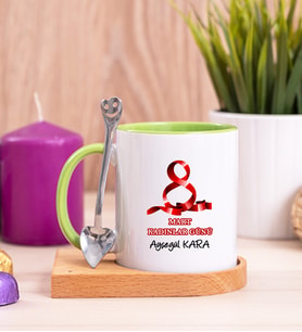 Kadınlar Günü Hediyesi  Ahşap Altlıklı Yeşil Kupa Bardak