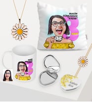 Kadınlara Özel Karikatürlü Kupa Çiçekli Ayna Yastık Papatya Takı Seti - 3 (Model 1)