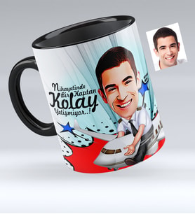 BK Gift Kişiye Özel Bay Kaptan Pilot Karikatürlü Siyah Kupa Bardak  1