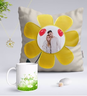 BK Gift Kişiye Özel Fotoğraflı Papatya Yastık Kupa ve Çift İsimli Papatya Kolye-6 (Model 1)
