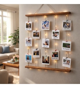 Kendin Tasarla 12 Fotoğraflı Mandallı Jüt İpli 3 Mt Led Işıklı Masif Ahşap Fotoğraf Askısı
