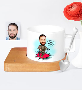 BK Gift Kişiye Özel Bedelli Asker Karikatür Ahşap Altlıklı Seramik Fincan  1