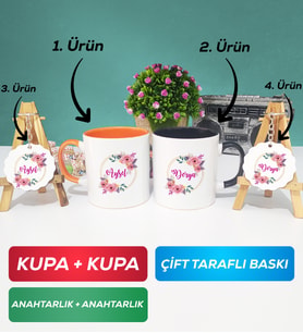 İkili Turuncu Siyah Kişiye Özel İsim Yazılı Çiçek Tasarımlı Kupa Bardak Anahtarlık Hediye Seti