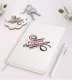 BK Gift Kişiye Özel Canım Öğretmenim Beyaz Defter Kalem Ve Anahtarlık Hediye Seti-2 (Model 1)