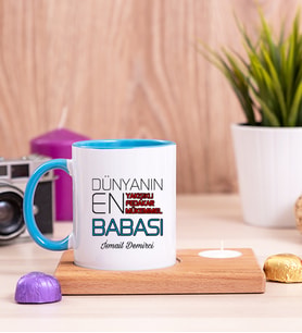 Dünyanın En İyi Babası Ahşap Altlıklı Mumlu Mavi Kupa Bardak