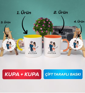 İkili Sarı Turuncu Sevgiliye Hediye Bir Ömür Sevgililer Günü Hediyesi Kupa Bardak Anahtarlık Hediye Seti