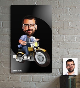BK Gift Kişiye Özel Bay Motorcu Karikatür Ahşap Tablo - 1