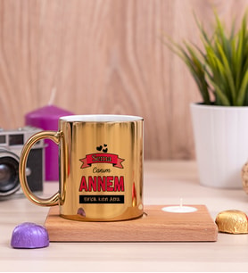 Canım Annem Ahşap Altlıklı Mumlu Gold Kupa Bardak