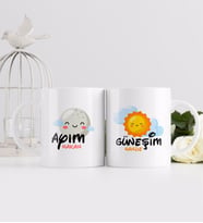 BK Gift Kişiye Özel Güneşim ve Ayım Tasarımlı İkili Beyaz Kupa Bardak-1