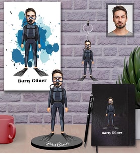 Kişiye Özel Dalgıç Karikatürlü 5 li Hediye Seti  Bay-1