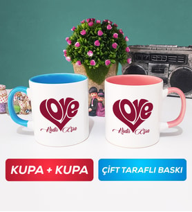 İkili Love Tasarımlı Sevgililer Günü Hediyesi Kupa Bardak Mavi Pembe