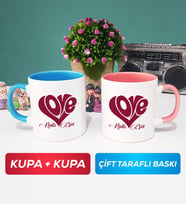 İkili Love Tasarımlı Sevgililer Günü Hediyesi Kupa Bardak Mavi Pembe