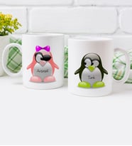 BK Gift Kişiye Özel Penguen Çift Tasarımlı İkili Beyaz Kupa Bardak