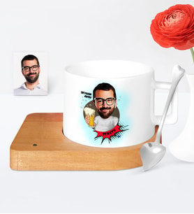 BK Gift Kişiye Özel Şerefe Karikatür Ahşap Altlıklı Seramik Fincan  1
