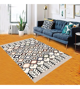 Geometrik Karo Desenli Dijital Baskı Yıkanabilir Kaymaz Taban Etnik Kilim Desen Salon Halı  (Krem)