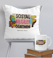 BK Gift Kişiye Özel Sosyal Bilgiler Öğretmeni Temalı Yastık Kupa Seti - 3