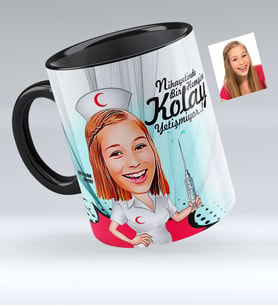 BK Gift Kişiye Özel Hemşire Karikatürlü Siyah Kupa Bardak  1