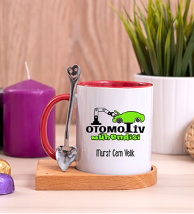 Otomotiv Mühendisi Ahşap Altlıklı Kırmızı Kupa Bardak