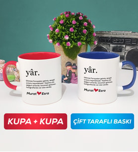 İkili Yâr Sevgililer Günü Hediyesi Kupa Bardak Kırmızı Lacivert
