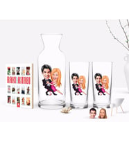 BK Gift Kişiye Özel Renkli Baskılı Sevgililer Karikatürlü İkili Rakı Bardağı Karaf ve Cep Kitabı Hediye Seti-13 (Model 1)