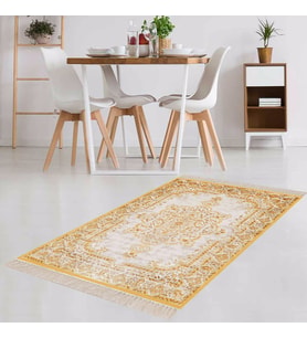 Osmanlı Desen Göbekli Dijital Baskı Yıkanabilir Modern Salon Halısı ve Yolluk (Gold)